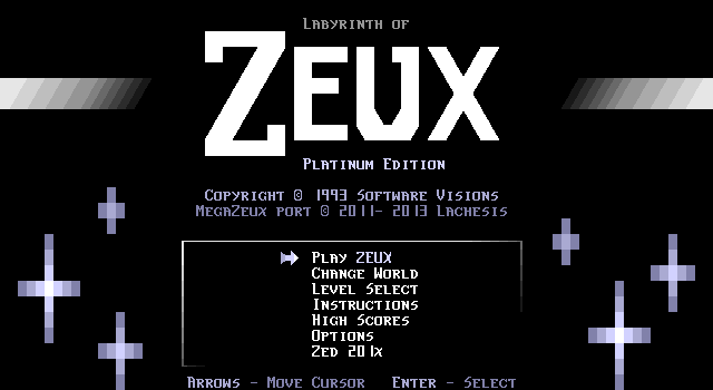 Title screen of 'Zeux 1: Labyrinth of Zeux'.